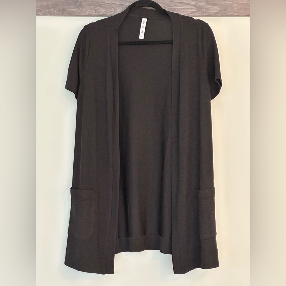 Short sleeve open tunic sweater, black, large